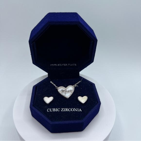 Cubic Zirconia Heart Pendant Necklace & Mother-of-Pearl Earrings in Silver-Tone - Picture 3 of 6